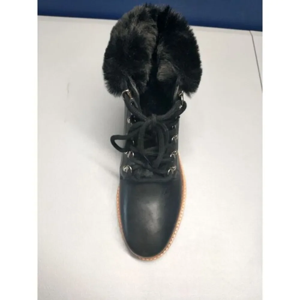 Botkier Mocha Winter Boots Women Size 7.5 Black Genuine Leather Fur Trim Lace Up